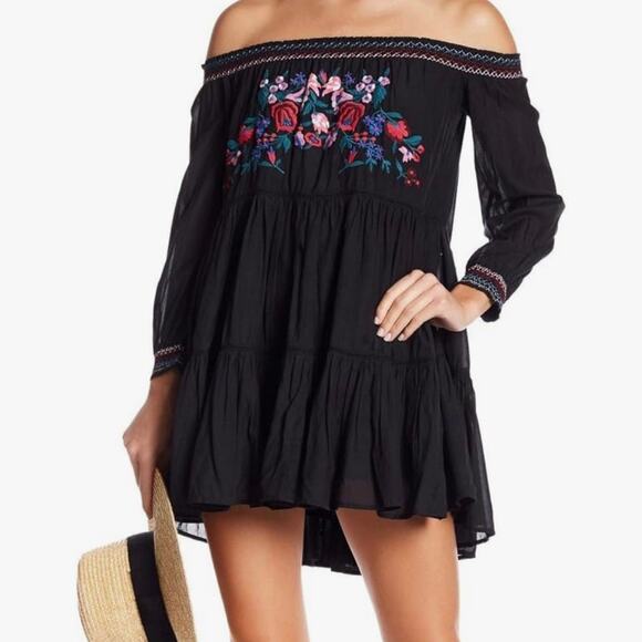 Free People Sunbeams Black Floral Embroidered Off Shoulder Mini Dress Women XS - Picture 6 of 6